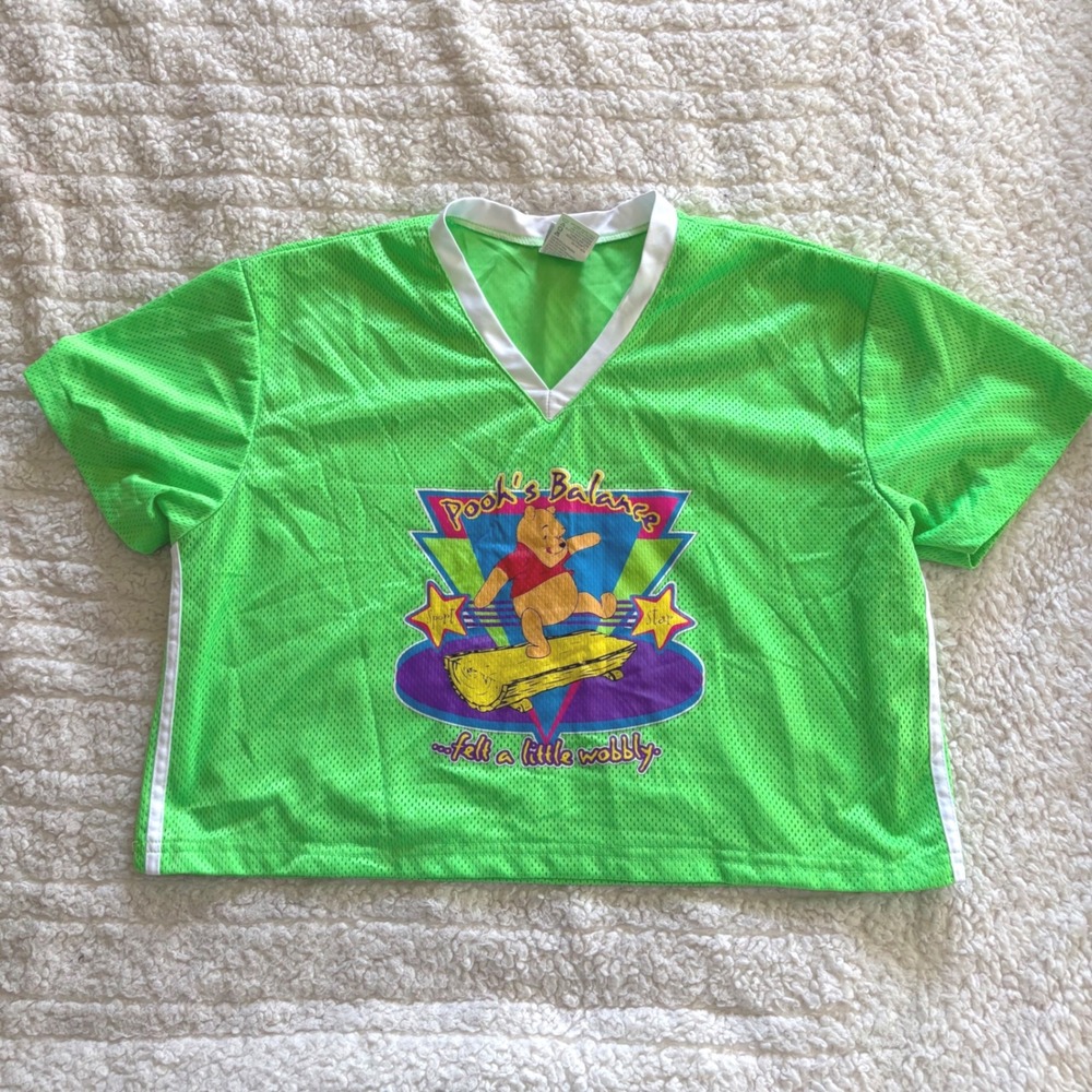 Vintage Disney Winnie the Pooh Mesh Jersey Crop Top Neon Green Size‎ L 90s Y2K